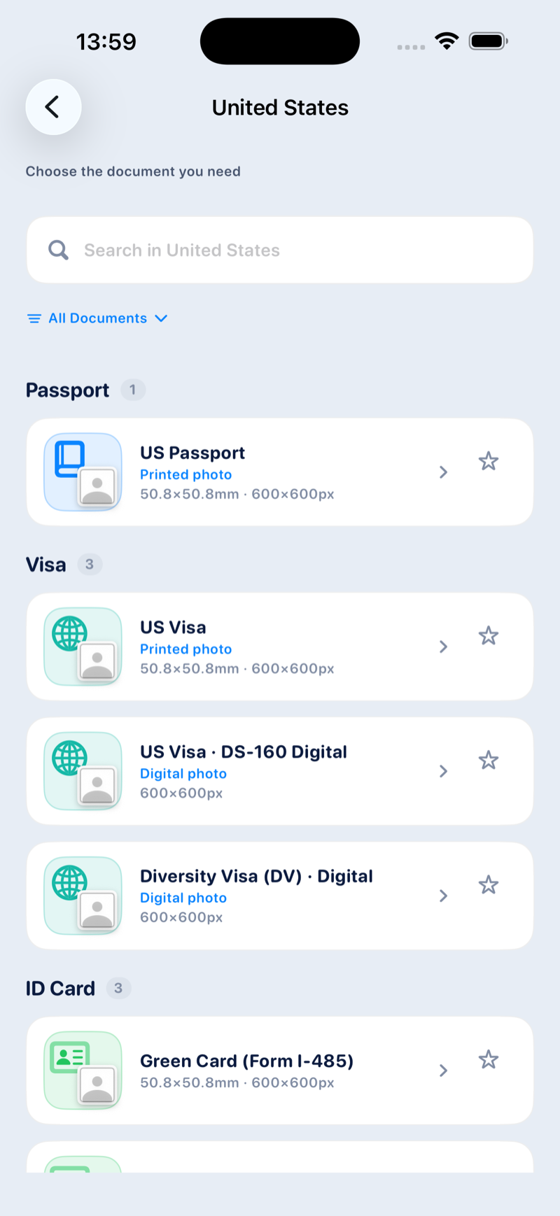 ID Photo Maker showing passport, visa, and driving licence formats for the United States