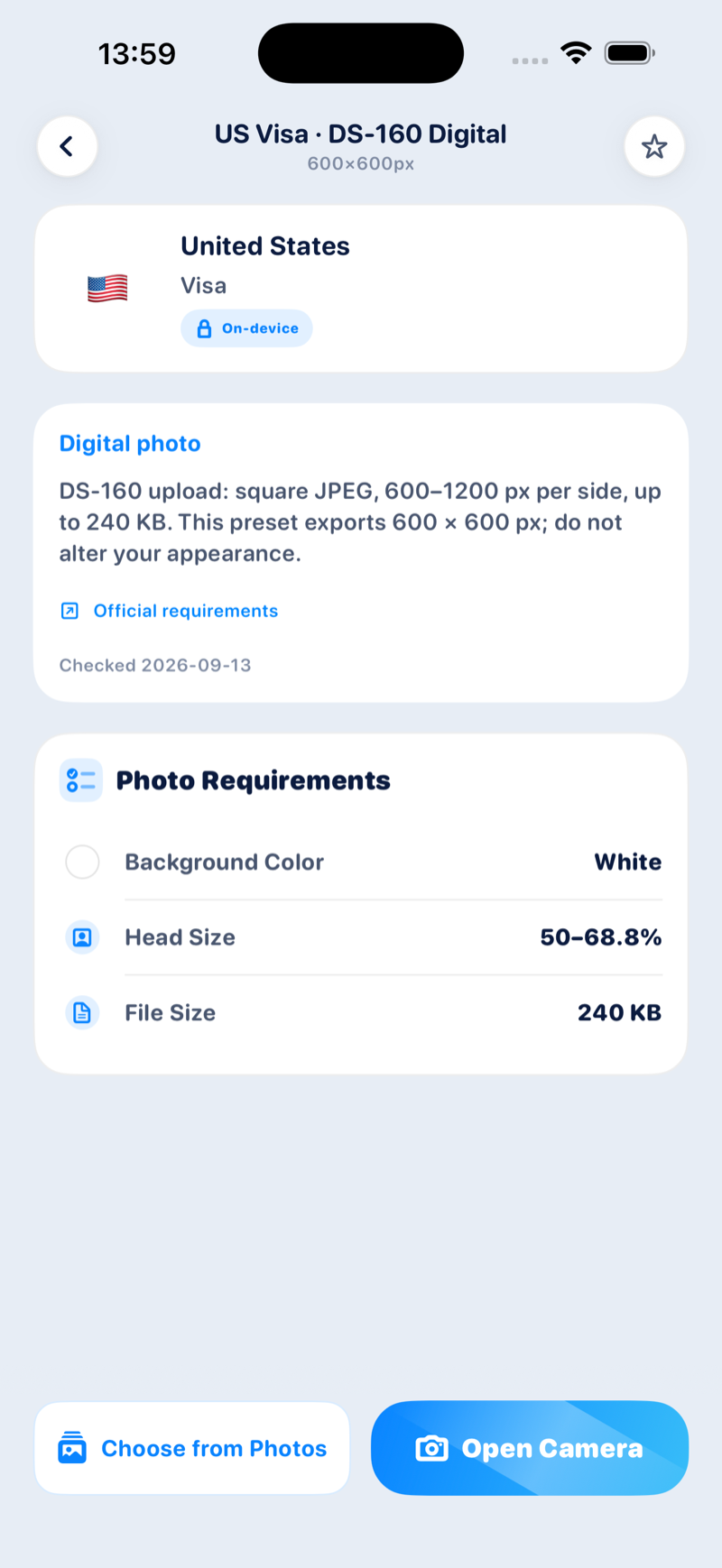 Detail screen displaying United States passport photo specifications and guidelines