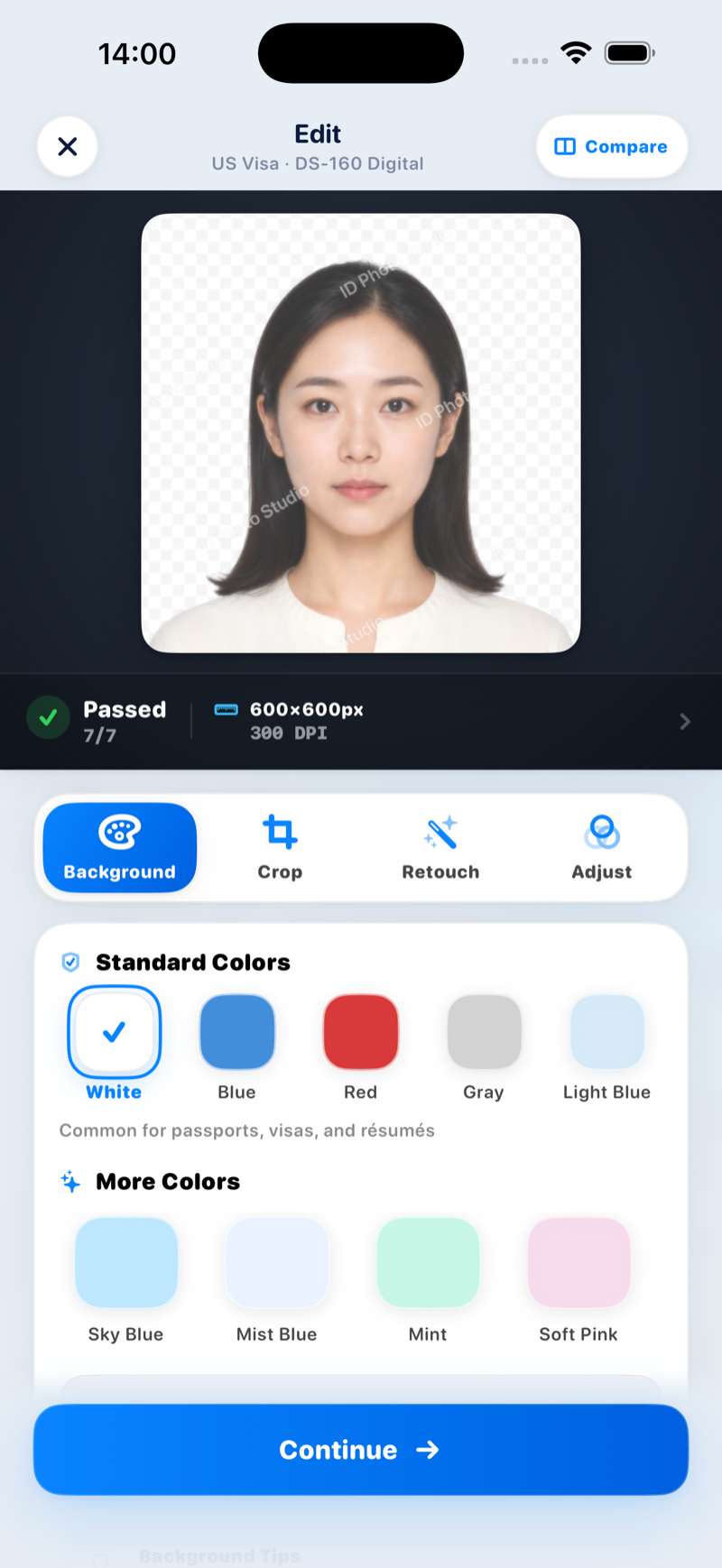 Editing interface showing portrait framing checks and background options